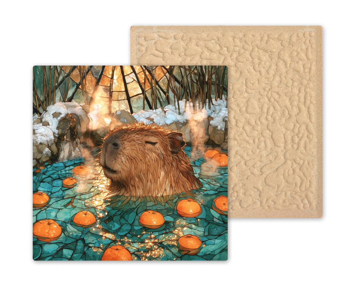 Capybara Wall Art Ceramic Tile Stained Glass Style Hot Spring Oranges Japanese Onsen Whimsical Animal Decor Cozy Nature Art