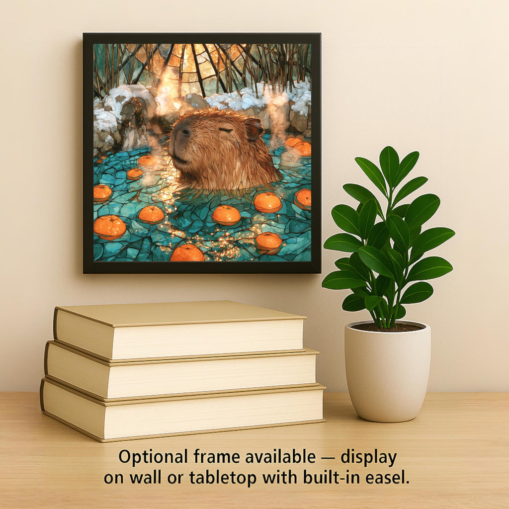 Capybara Wall Art Ceramic Tile Stained Glass Style Hot Spring Oranges Japanese Onsen Whimsical Animal Decor Cozy Nature Art