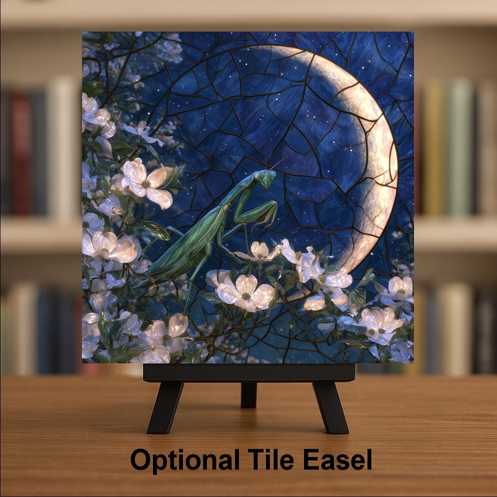 Praying Mantis Wall Art Ceramic Tile Stained Glass Style Crescent Moon Dogwood Blossom Night Garden Whimsigoth Nature Art