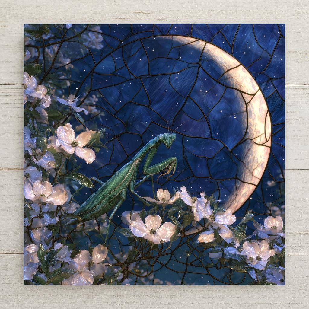Stained glass style ceramic art tile of a green praying mantis poised on a flowering dogwood branch before a large leadlined crescent moon in a starry indigo night sky