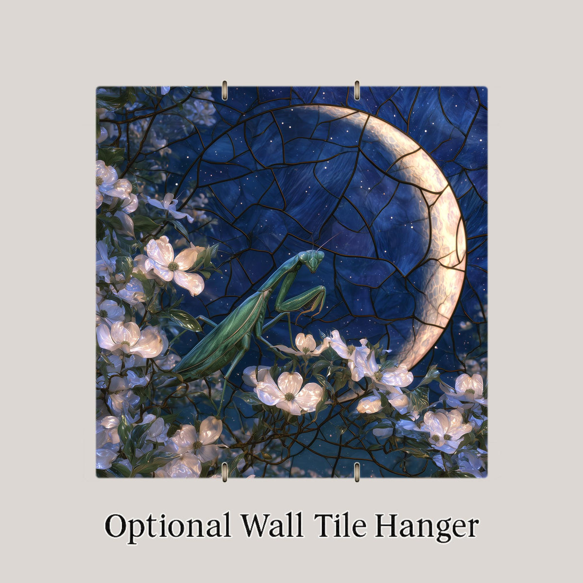 Praying Mantis Wall Art Ceramic Tile Stained Glass Style Crescent Moon Dogwood Blossom Night Garden Whimsigoth Nature Art