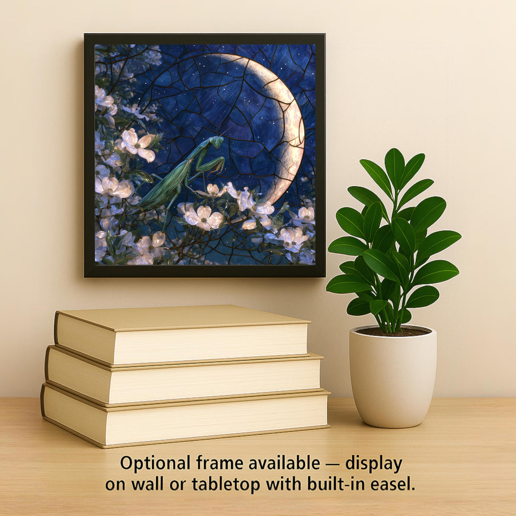 Praying Mantis Wall Art Ceramic Tile Stained Glass Style Crescent Moon Dogwood Blossom Night Garden Whimsigoth Nature Art