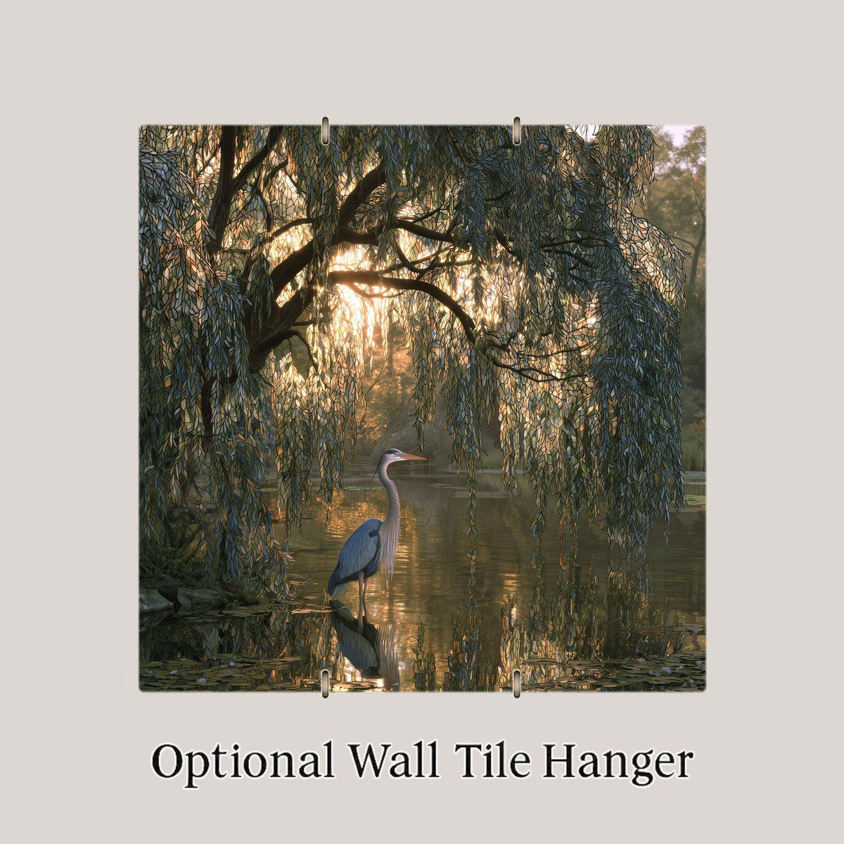 Weeping Willow Blue Heron Wall Art Ceramic Tile Golden Hour Pond Reflection Lake House Decor Willow Tree Nature Art