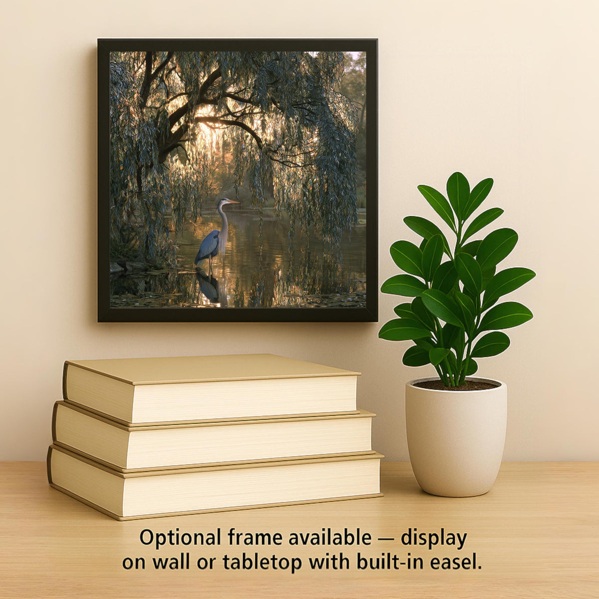 Weeping Willow Blue Heron Wall Art Ceramic Tile Golden Hour Pond Reflection Lake House Decor Willow Tree Nature Art