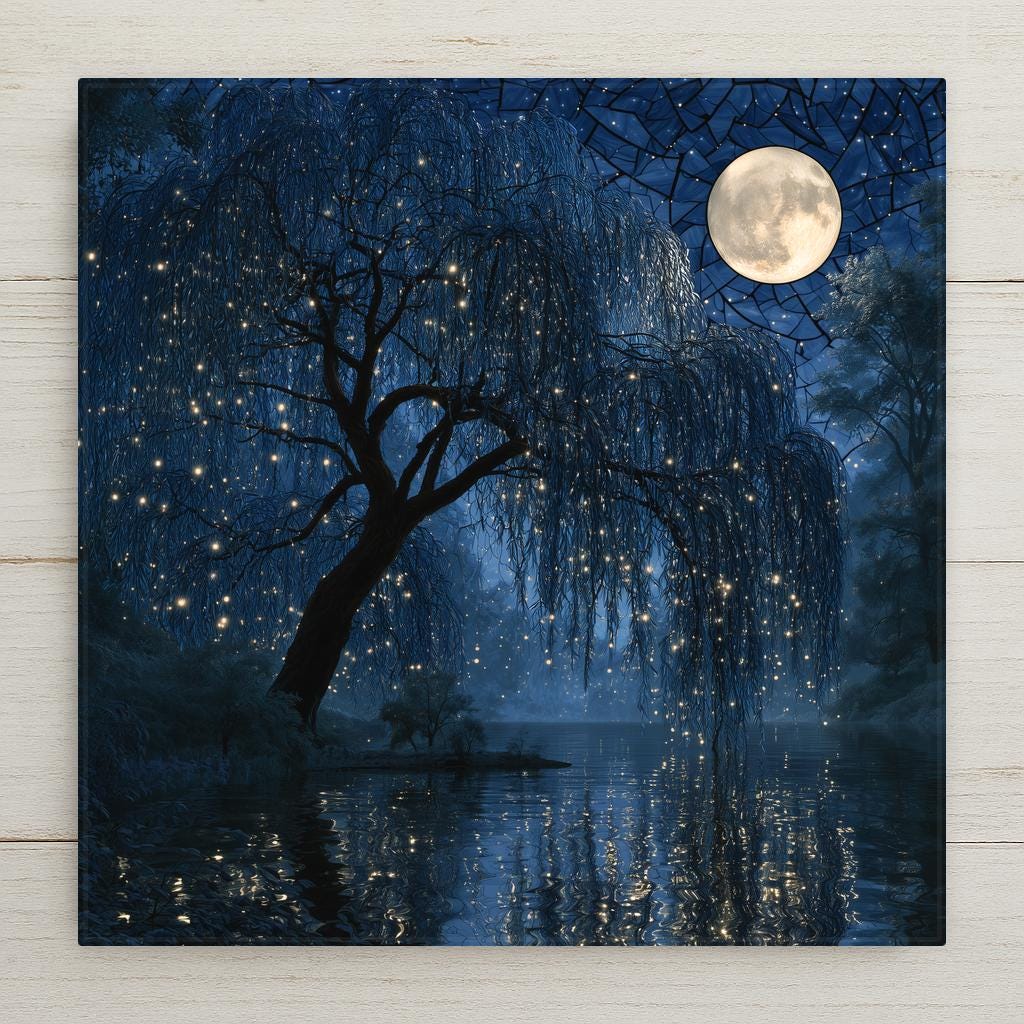Ceramic art tile of a weeping willow silhouetted over dark still water at night, its branches filled with glowing fireflies, beneath a full moon set in a leaded mosaic of starry sky