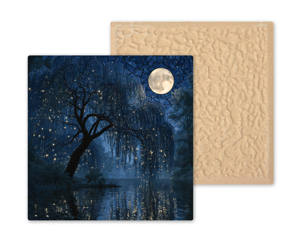 Weeping Willow Full Moon Wall Art Ceramic Tile Fireflies Night Lake Reflection Whimsigoth Moody Decor Willow Tree Nature Art