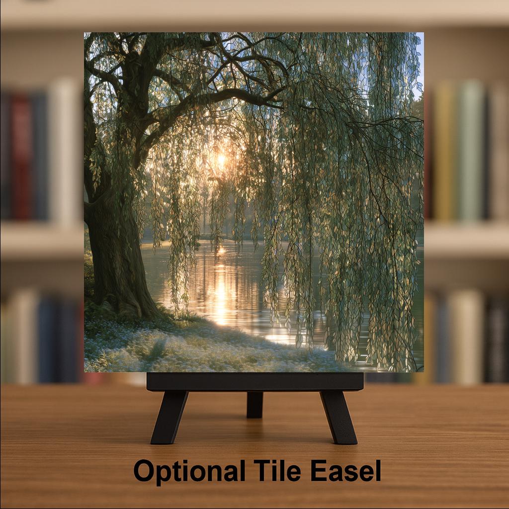 Weeping Willow Memorial Wall Art Ceramic Tile Forget Me Nots Dawn Light Sympathy Remembrance Celebration of Life Nature Art