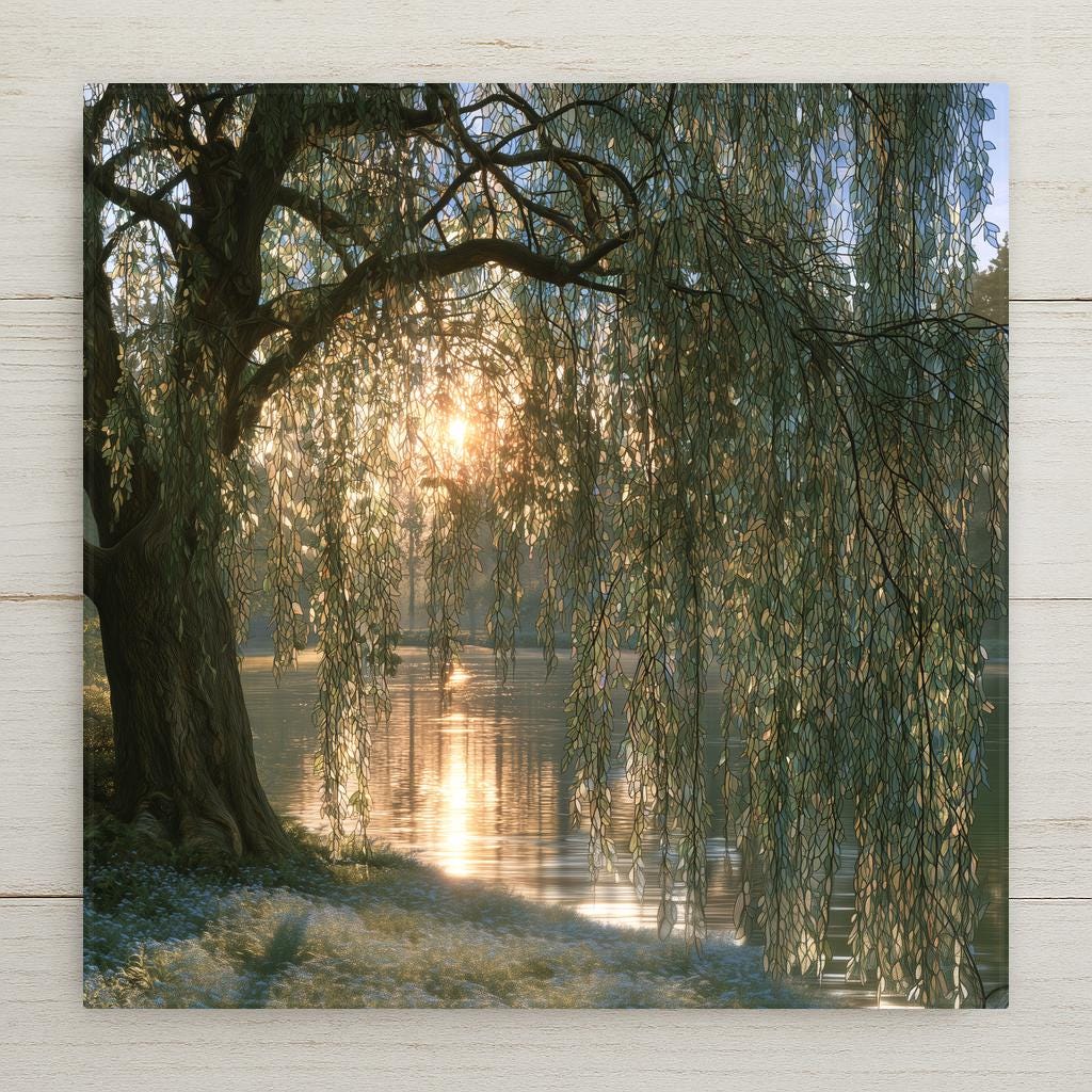 Ceramic art tile of a weeping willow beside calm water at soft dawn, morning light glowing through leaded glass style branches, with a carpet of blue forget me not flowers on the bank