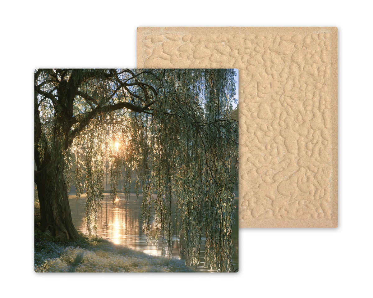 Weeping Willow Memorial Wall Art Ceramic Tile Forget Me Nots Dawn Light Sympathy Remembrance Celebration of Life Nature Art