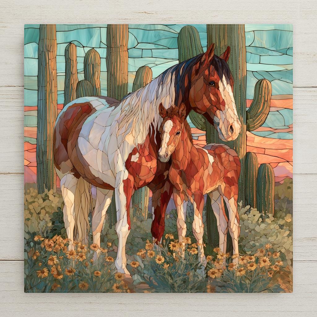 Stained glass style ceramic art tile of a paint horse mare standing protectively over her chestnut foal among tall saguaro cactus and yellow desert marigolds under a turquoise and coral dawn sky