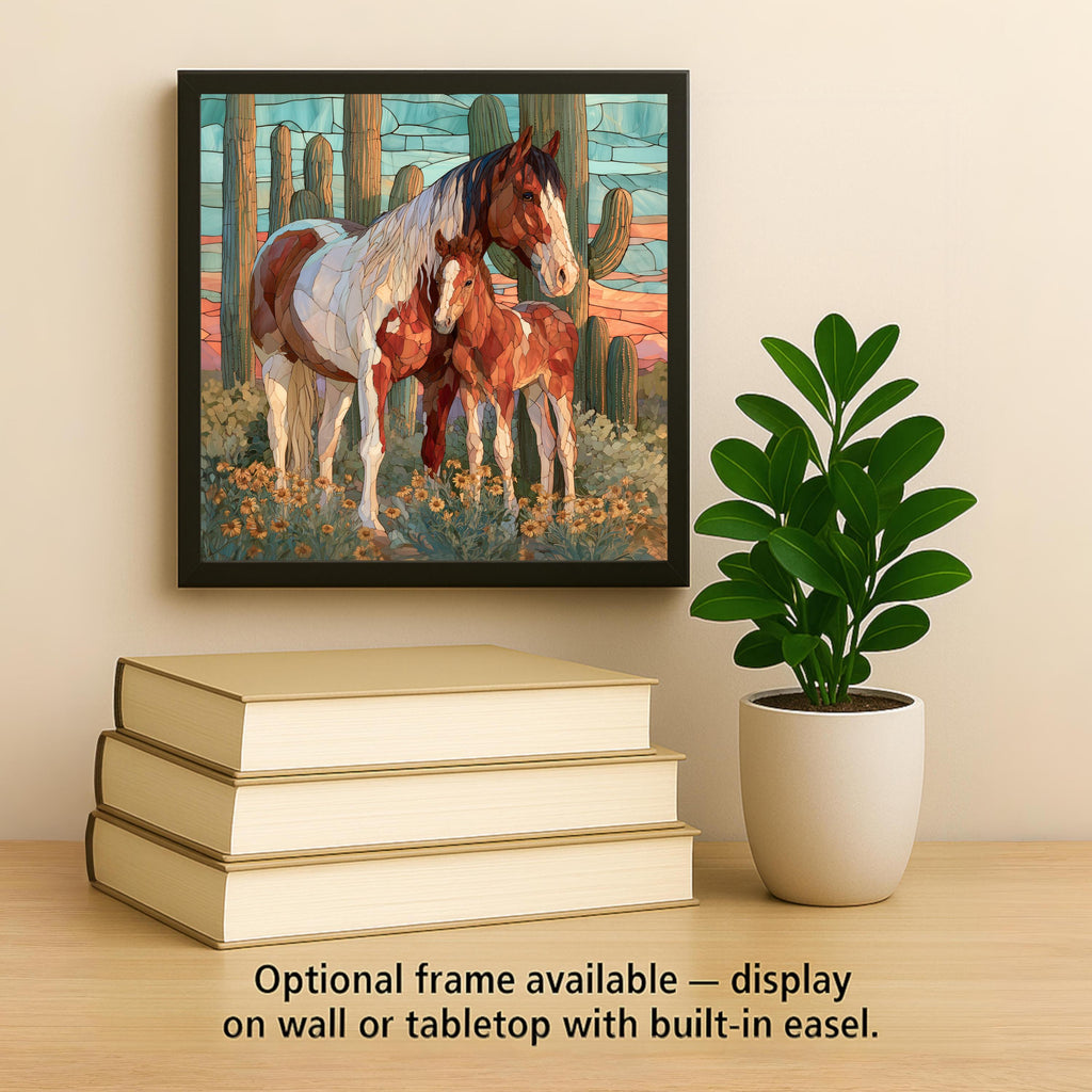 Paint Horse Mare and Foal Wall Art Ceramic Tile Stained Glass Style Saguaro Desert Marigold Southwest Decor Horse Nature Art