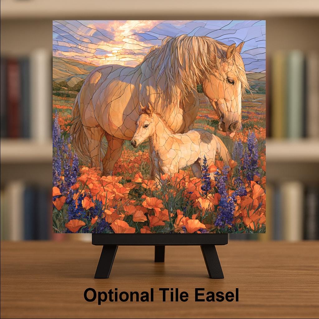 Palomino Mare and Foal Wall Art Ceramic Tile Stained Glass Style California Poppy Super Bloom Lupine Meadow Horse Nature Art
