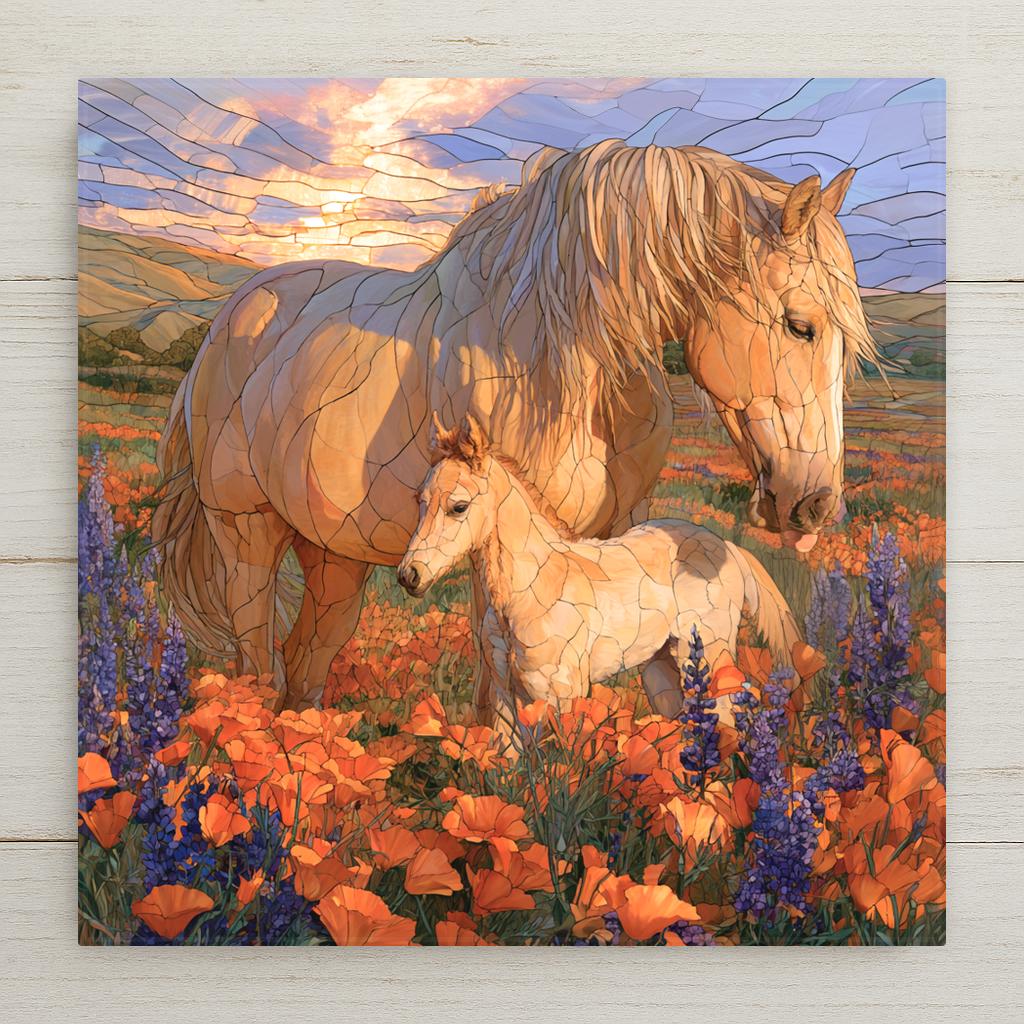 Stained glass style ceramic art tile of a golden palomino mare with her pale foal standing in a superbloom of orange california poppies and purple lupine under a warm evening sky