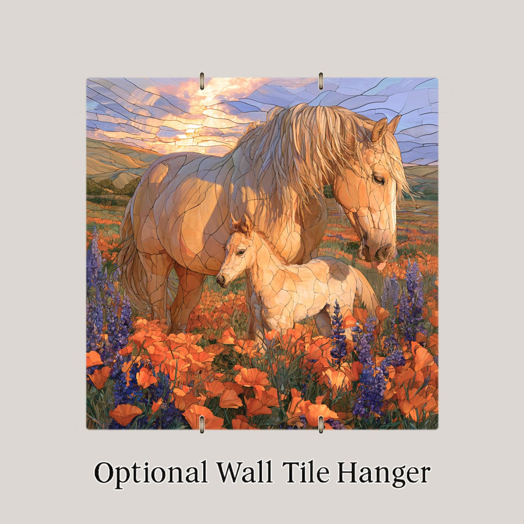 Palomino Mare and Foal Wall Art Ceramic Tile Stained Glass Style California Poppy Super Bloom Lupine Meadow Horse Nature Art