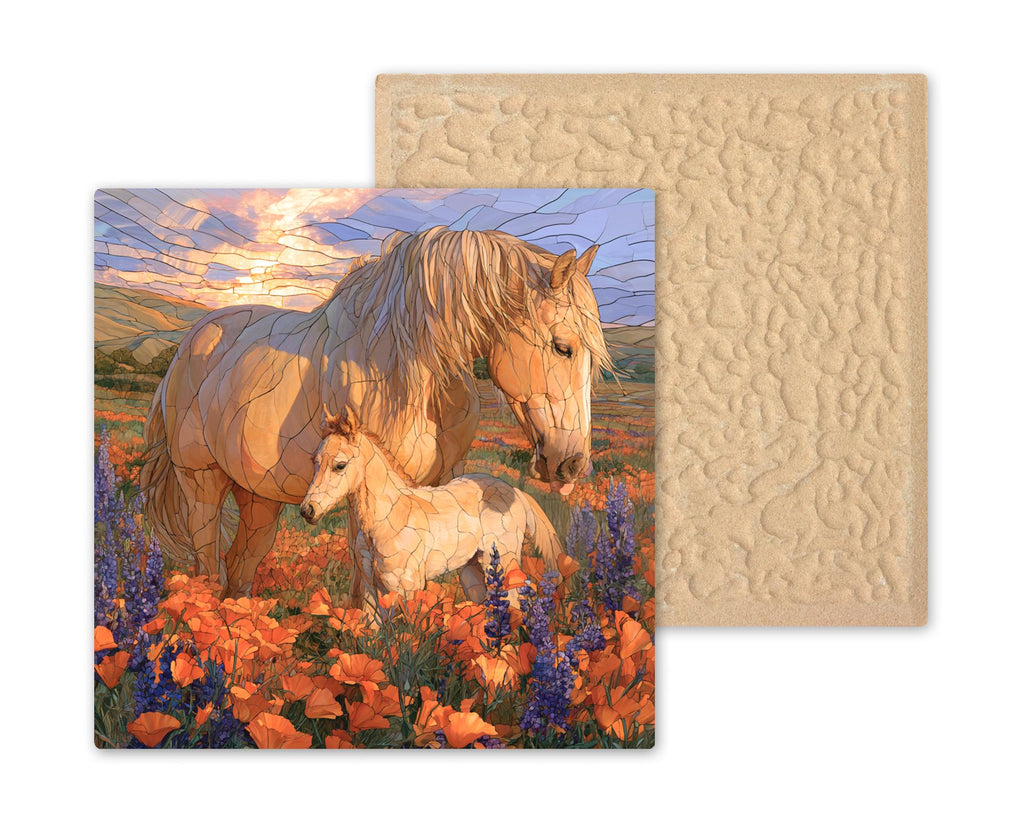 Palomino Mare and Foal Wall Art Ceramic Tile Stained Glass Style California Poppy Super Bloom Lupine Meadow Horse Nature Art