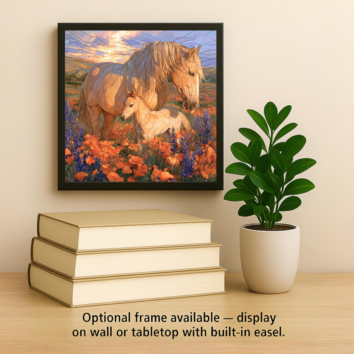 Palomino Mare and Foal Wall Art Ceramic Tile Stained Glass Style California Poppy Super Bloom Lupine Meadow Horse Nature Art