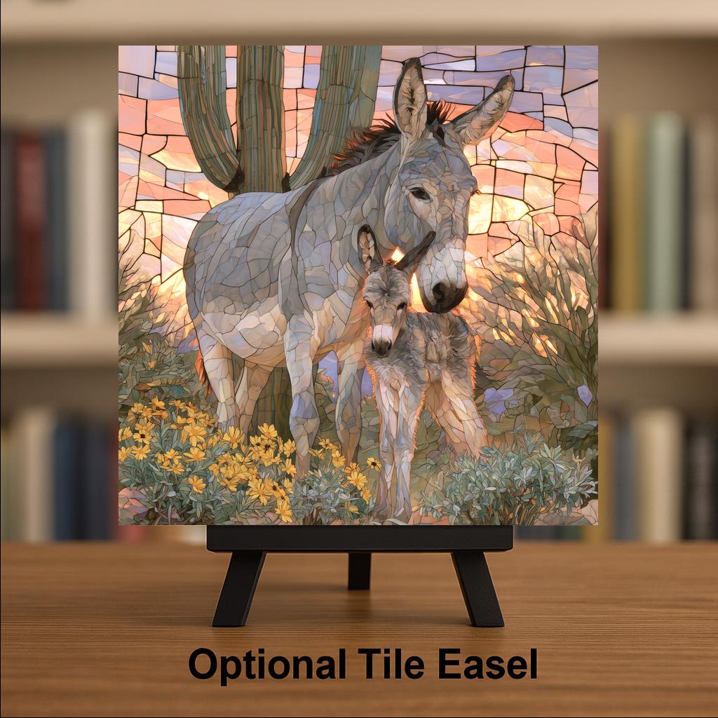 Donkey Mother and Foal Wall Art Ceramic Tile Stained Glass Style Saguaro Desert Marigold Southwest Decor Burro Nature Art