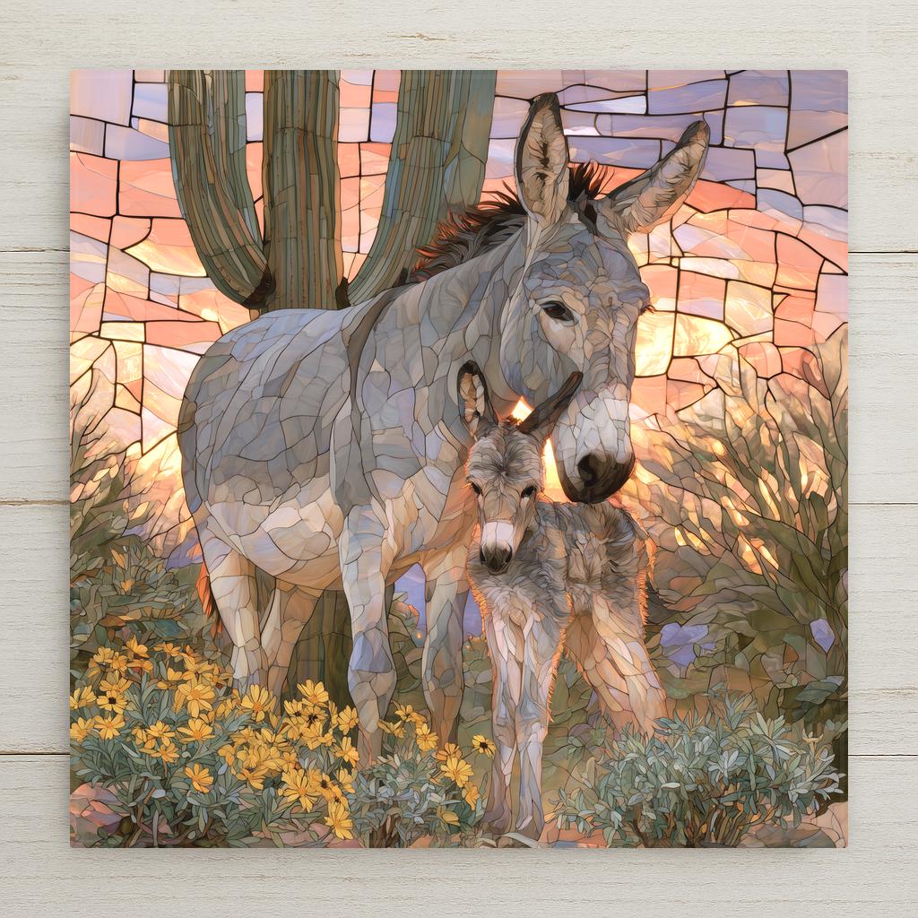 Stained glass style ceramic art tile of a gray donkey mother bending her head over her fuzzy foal beneath a saguaro cactus with yellow desert marigolds and a coral and lavender mosaic sunset sky