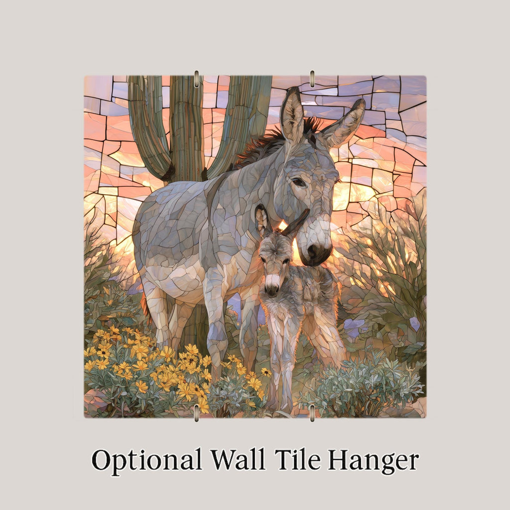 Donkey Mother and Foal Wall Art Ceramic Tile Stained Glass Style Saguaro Desert Marigold Southwest Decor Burro Nature Art
