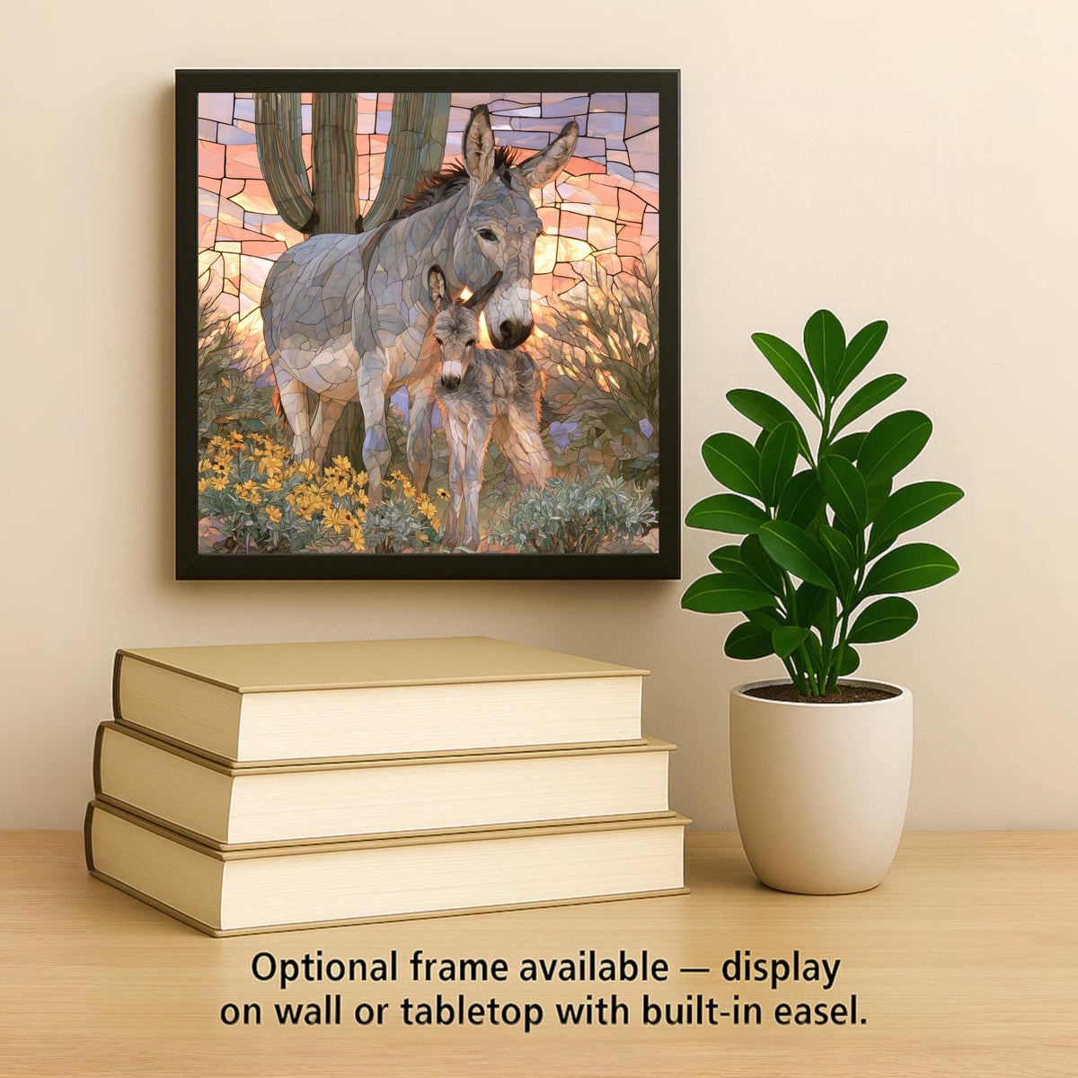 Donkey Mother and Foal Wall Art Ceramic Tile Stained Glass Style Saguaro Desert Marigold Southwest Decor Burro Nature Art
