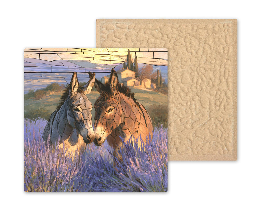 Donkey Friends Wall Art Ceramic Tile Lavender Field Provence French Country Decor Bonded Pair Sunset Farmhouse Nature Art