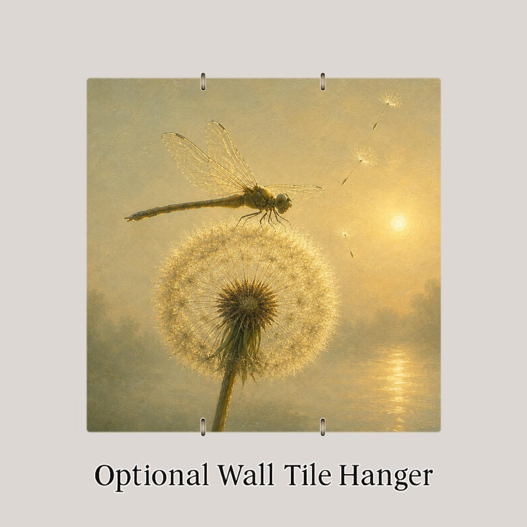 Dragonfly Dandelion Wall Art Ceramic Tile Make a Wish Golden Sunrise Misty Lake Serene Painterly Decor Nature Art