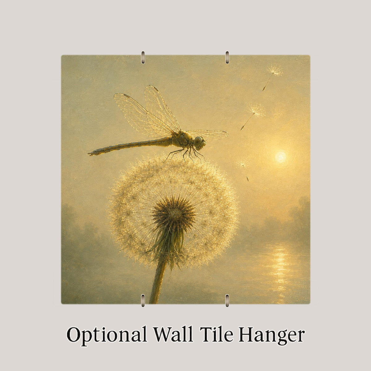 Dragonfly Dandelion Wall Art Ceramic Tile Make a Wish Golden Sunrise Misty Lake Serene Painterly Decor Nature Art