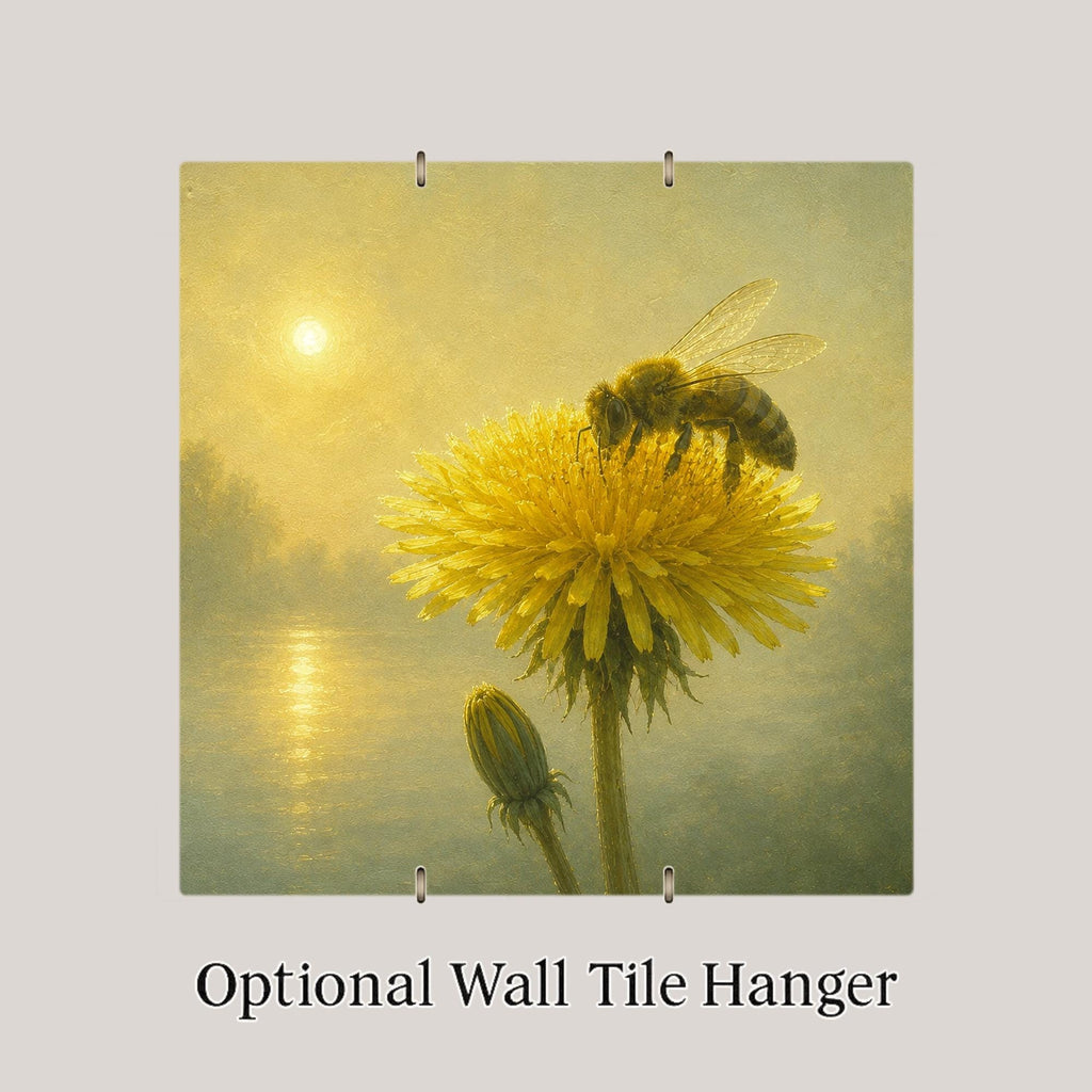 Dandelion Flower Bee Wall Art Ceramic Tile Golden Sunrise Misty Lake Spring Bloom Painterly Pollinator Decor Nature Art