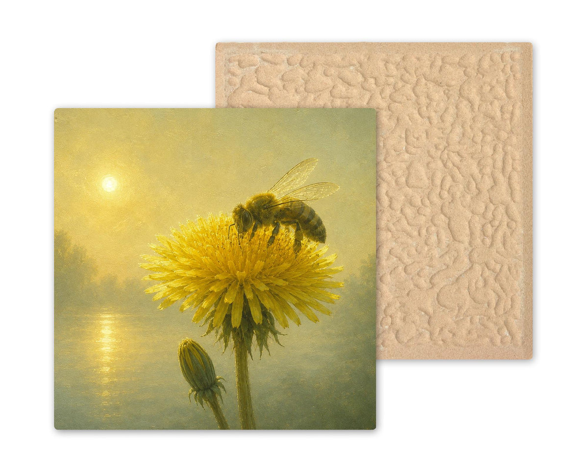 Dandelion Flower Bee Wall Art Ceramic Tile Golden Sunrise Misty Lake Spring Bloom Painterly Pollinator Decor Nature Art