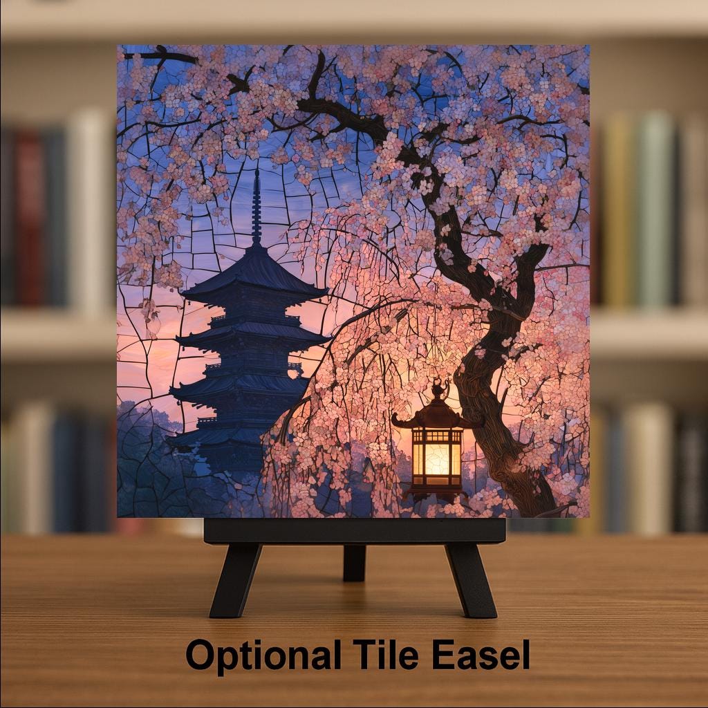Kyoto Cherry Blossom Stained Glass Style Ceramic Art Tile – Sakura Pagoda Twilight Wall Decor, Japan Traveler