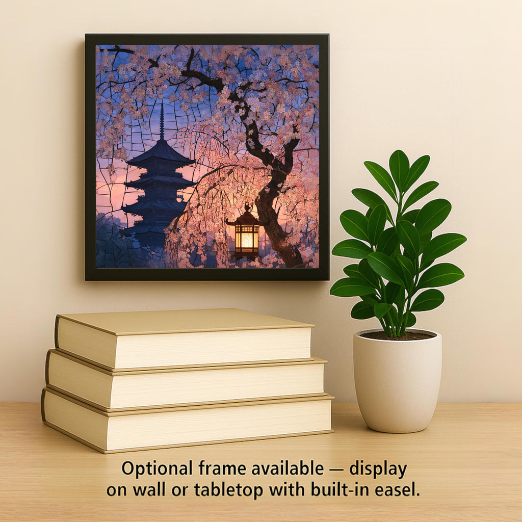 Kyoto Cherry Blossom Stained Glass Style Ceramic Art Tile – Sakura Pagoda Twilight Wall Decor, Japan Traveler