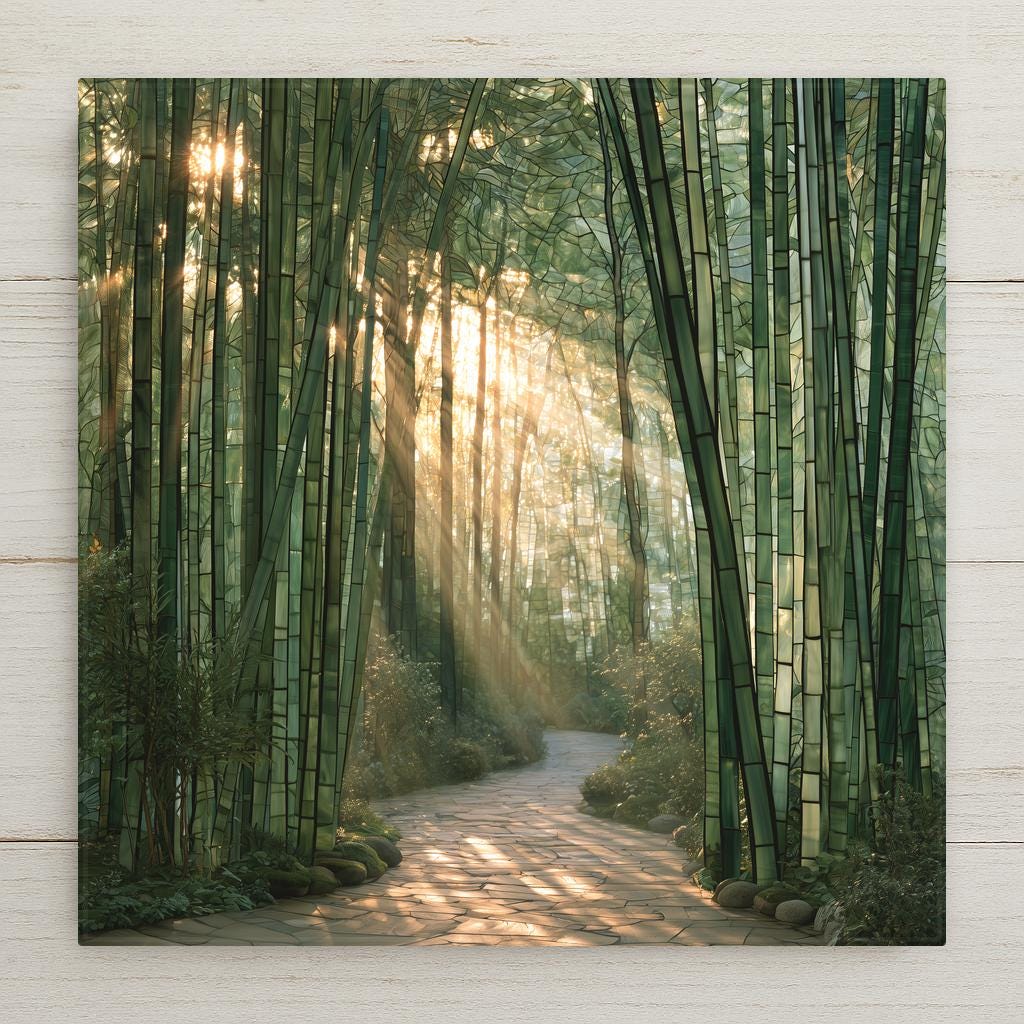 Stained glass style ceramic art tile of a sunlit bamboo grove, golden sunbeams streaming between tall green glass bamboo stalks above a winding stone path.