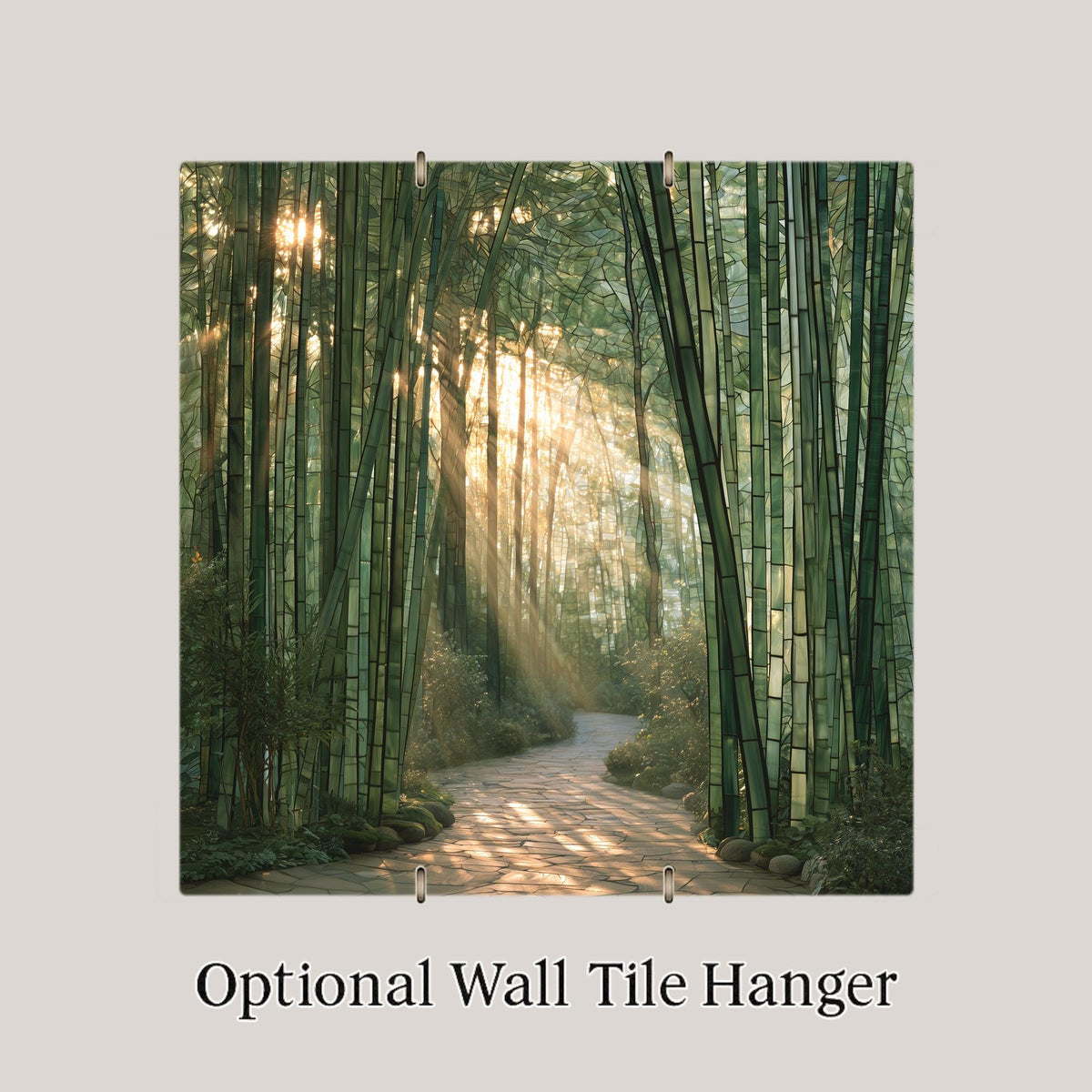 Bamboo Grove Stained Glass Style Ceramic Art Tile – Sunlit Kyoto Forest Path Zen Wall Decor, Meditation