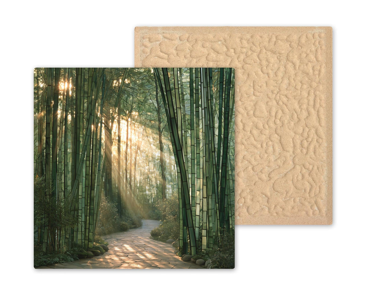Bamboo Grove Stained Glass Style Ceramic Art Tile – Sunlit Kyoto Forest Path Zen Wall Decor, Meditation