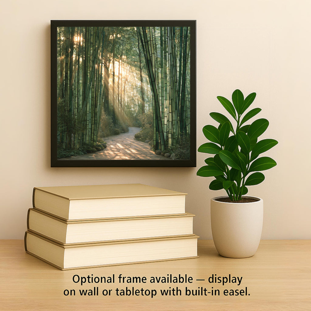 Bamboo Grove Stained Glass Style Ceramic Art Tile – Sunlit Kyoto Forest Path Zen Wall Decor, Meditation