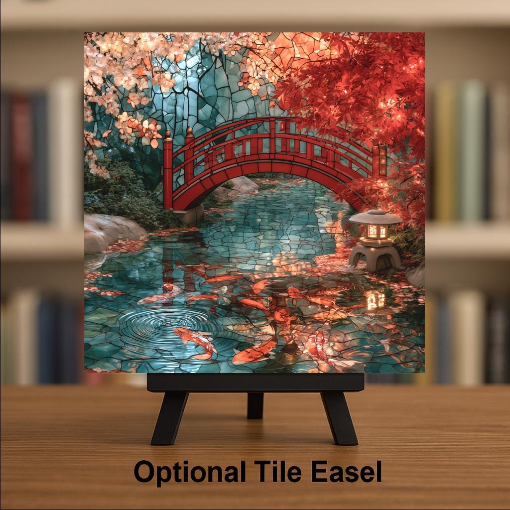Japanese Garden Stained Glass Style Ceramic Art Tile – Red Bridge Koi Pond Maple Wall Decor, Koi Lover