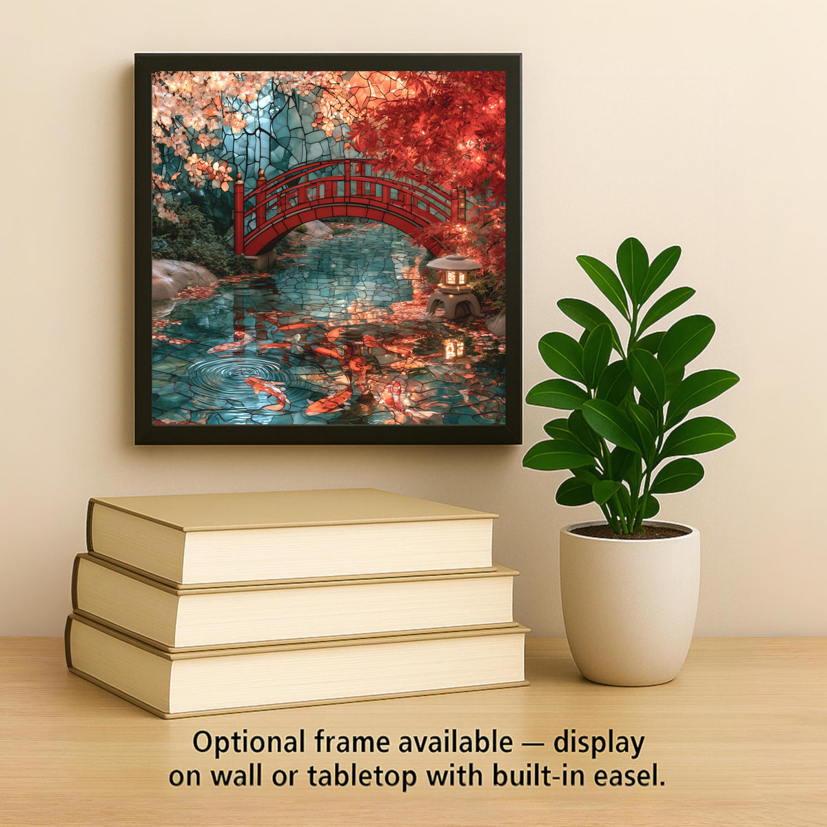 Japanese Garden Stained Glass Style Ceramic Art Tile – Red Bridge Koi Pond Maple Wall Decor, Koi Lover