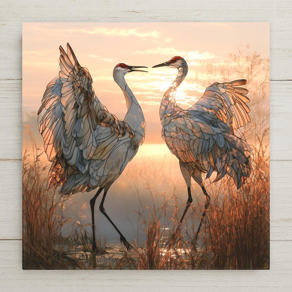 Stained glass style ceramic art tile of two sandhill cranes with red crown patches dancing face to face at dawn, wings raised in soft blues and golds over misty marsh grass.