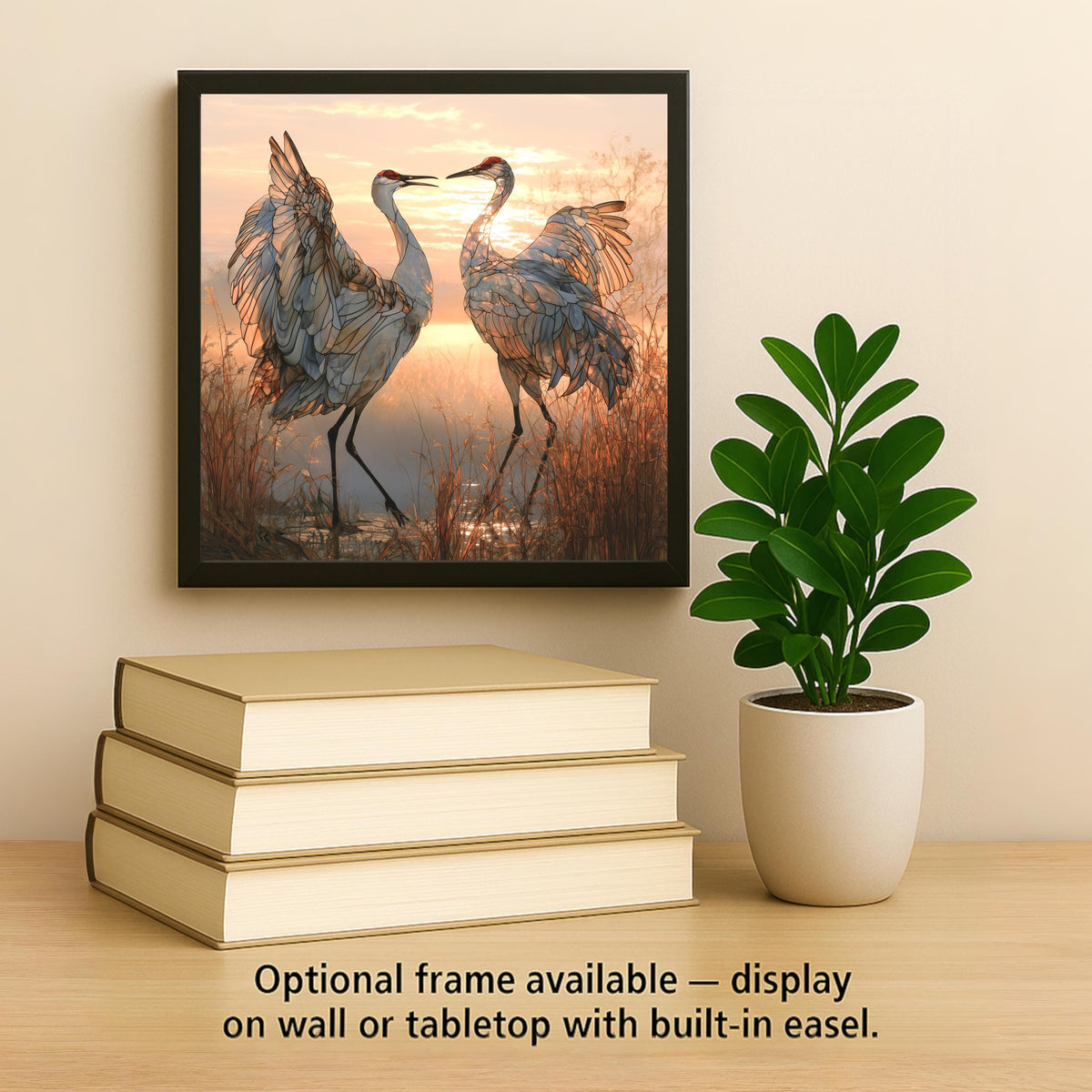 Sandhill Crane Pair Stained Glass Style Ceramic Art Tile – Dancing Cranes at Dawn Wall Decor, Bird Lover