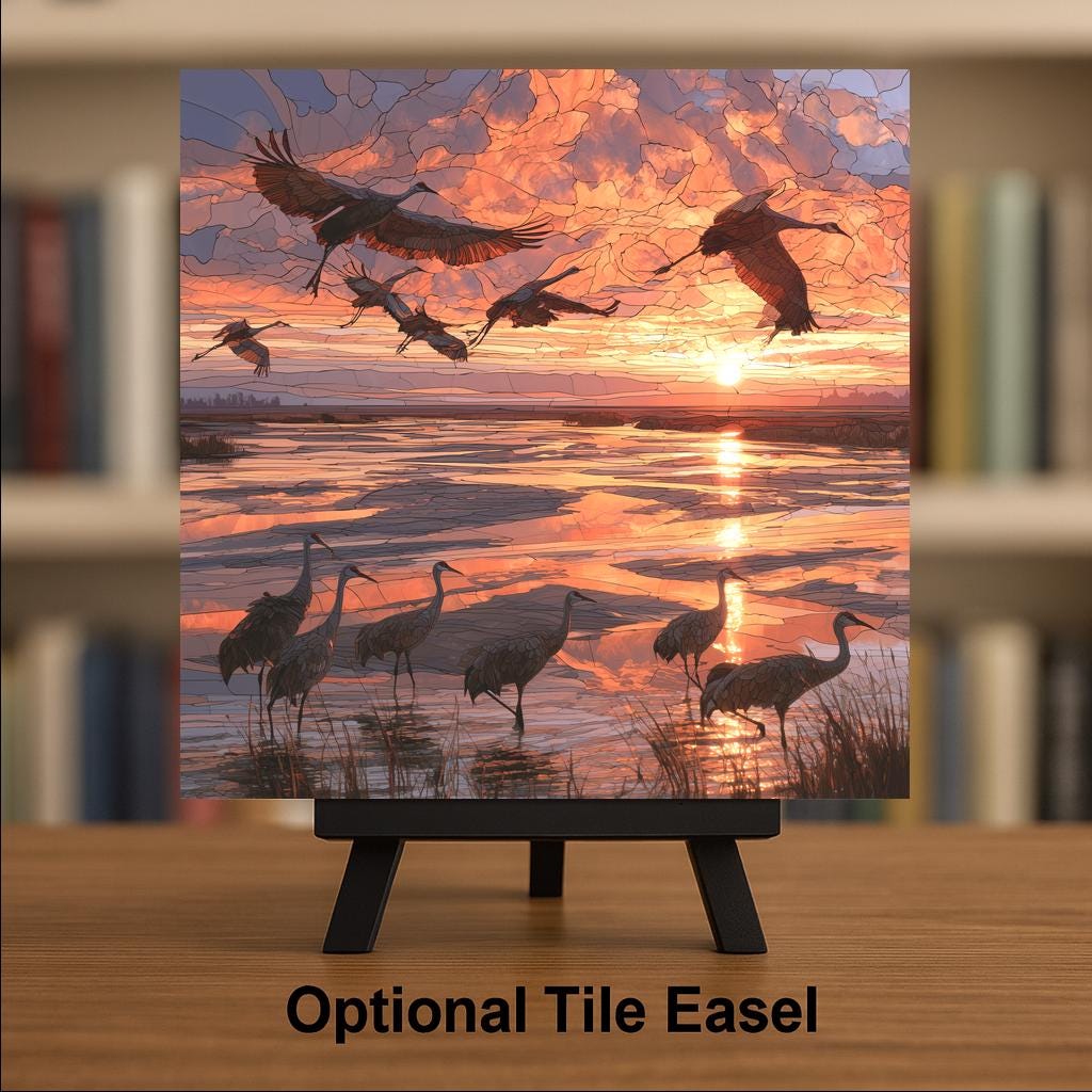 Sandhill Crane Migration Stained Glass Style Ceramic Art Tile – Cranes Over Sunset Marsh Wall Decor, Birdwatcher