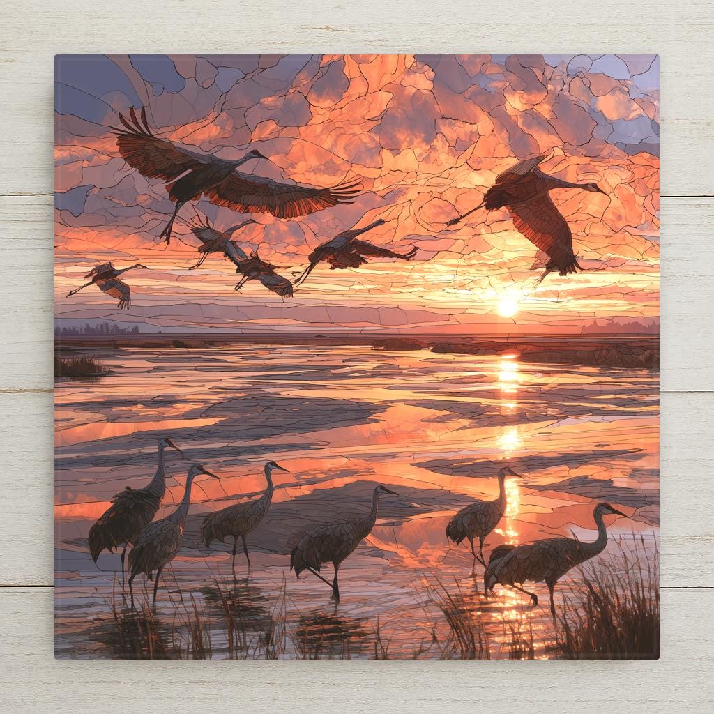 Stained glass style ceramic art tile of sandhill cranes flying over a marsh at sunset, orange and pink glass clouds above wading cranes and a golden sun path on the water.