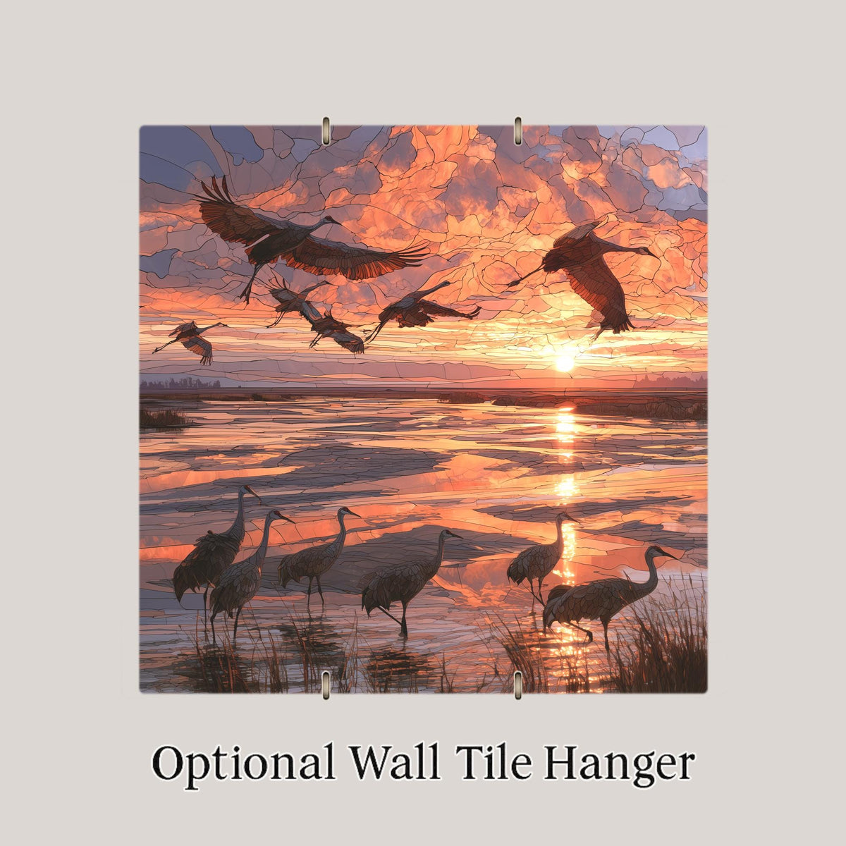 Sandhill Crane Migration Stained Glass Style Ceramic Art Tile – Cranes Over Sunset Marsh Wall Decor, Birdwatcher