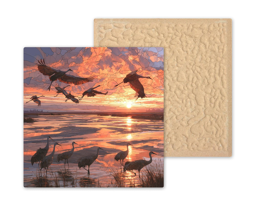 Sandhill Crane Migration Stained Glass Style Ceramic Art Tile – Cranes Over Sunset Marsh Wall Decor, Birdwatcher