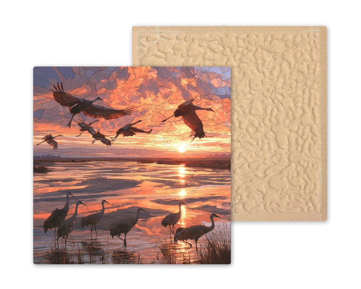 Sandhill Crane Migration Stained Glass Style Ceramic Art Tile – Cranes Over Sunset Marsh Wall Decor, Birdwatcher