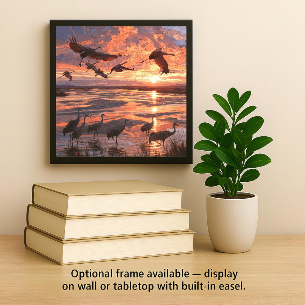Sandhill Crane Migration Stained Glass Style Ceramic Art Tile – Cranes Over Sunset Marsh Wall Decor, Birdwatcher