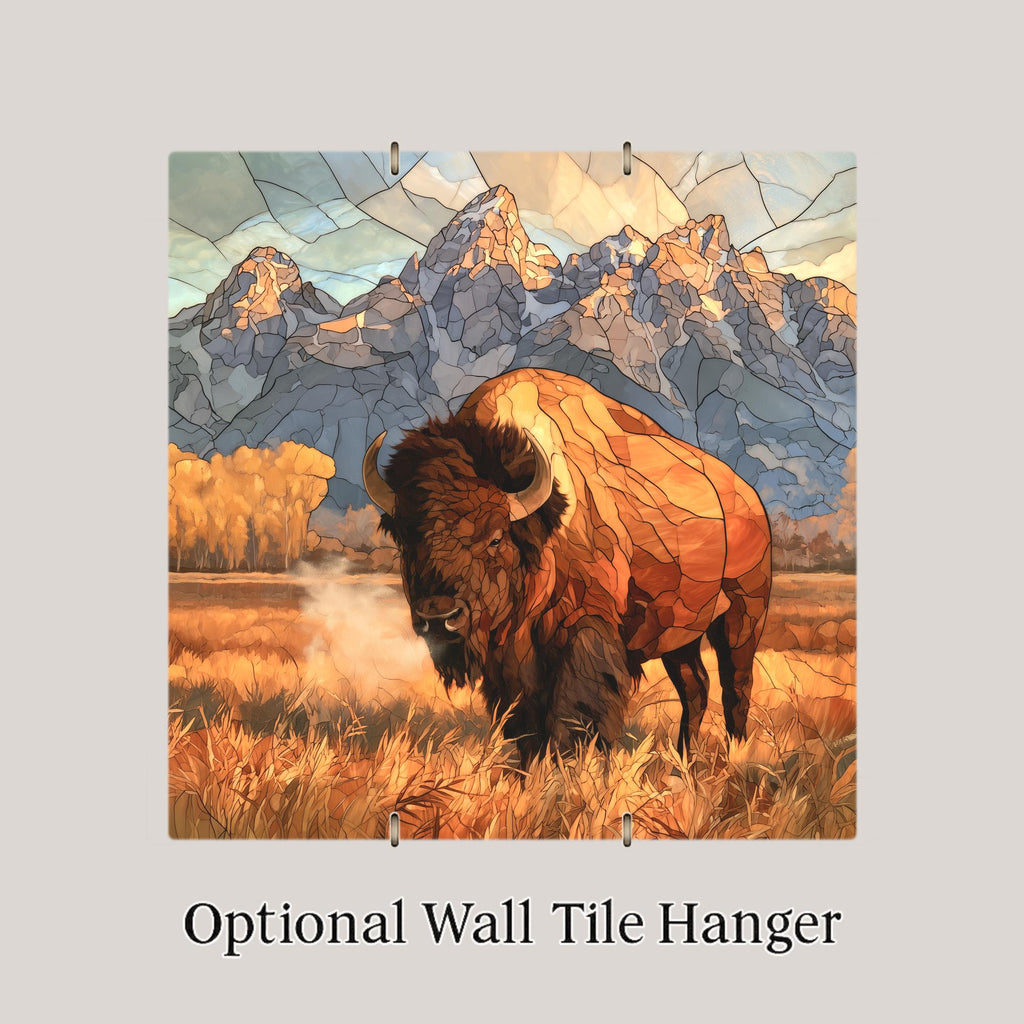 Grand Teton Bison Stained Glass Style Ceramic Art Tile – Autumn Buffalo in the Tetons Wall Decor, National Park Lover