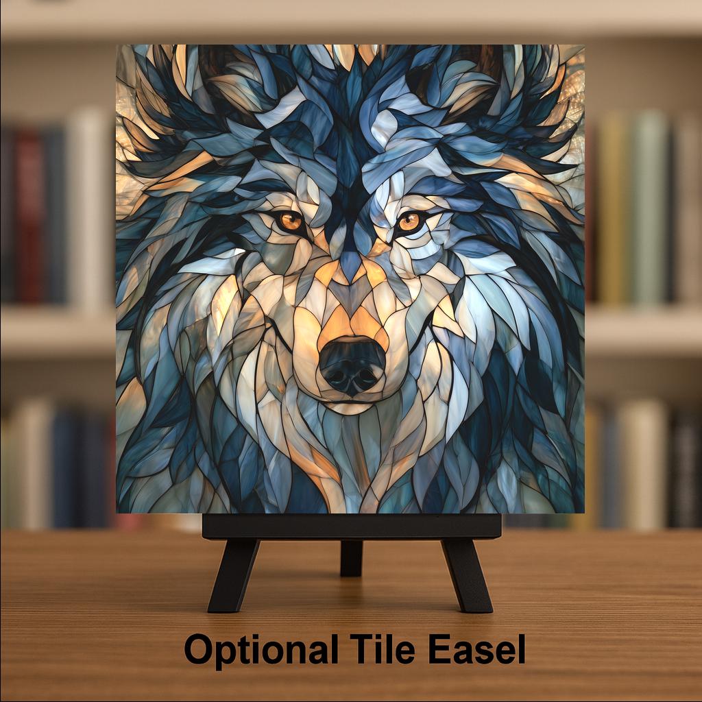 Wolf Wall Art Ceramic Tile Stained Glass Style Gray Wolf Face Wildlife Decor Wolf Lover Gift Cabin Wall Decor