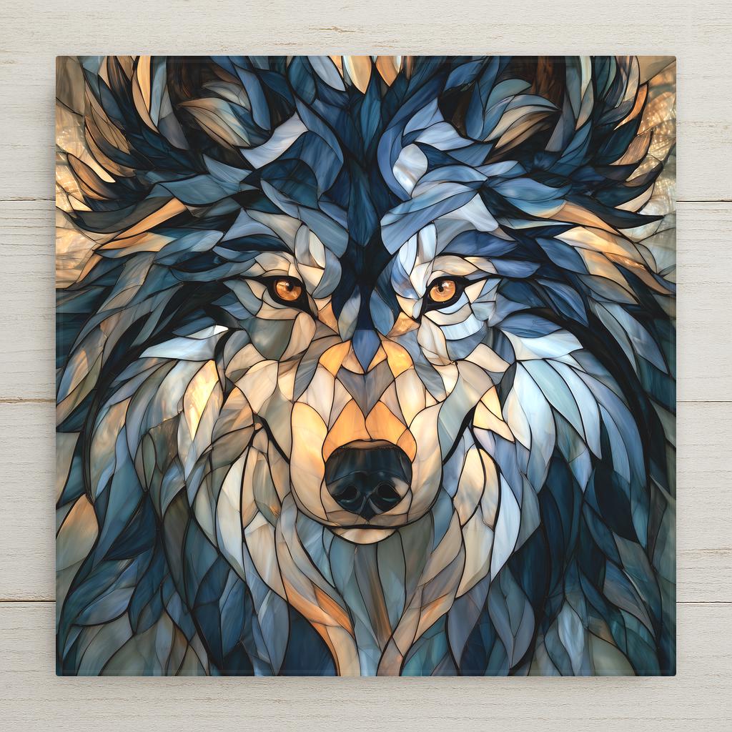 Stained glass style wolf portrait ceramic tile, gray wolf face rendered in leaded glass panels of slate blue and cream with glowing amber eyes