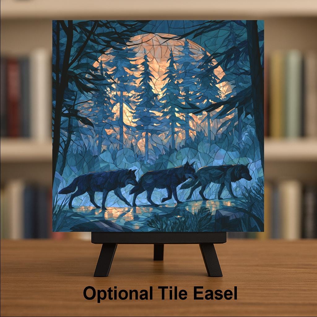 Wolf Pack Ceramic Tile Wall Art Stained Glass Style Full Moon Forest Wolves Wildlife Decor Wolf Lover Gift