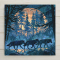 Stained glass style ceramic tile of three wolves walking single file through a mosaic forest at night, giant amber full moon glowing behind the pines